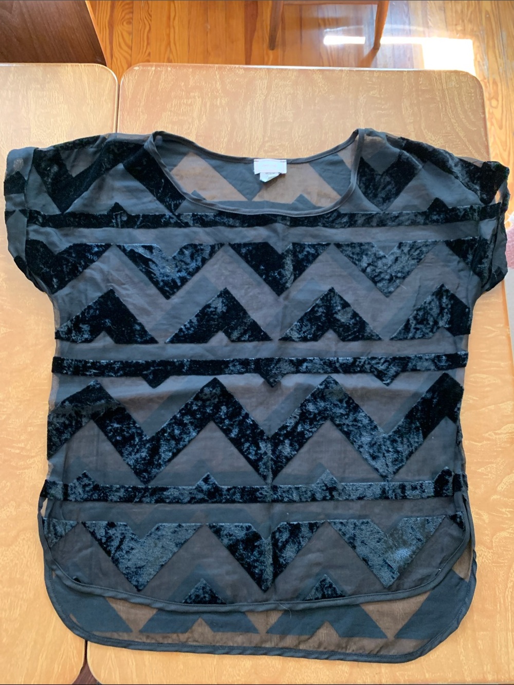 Velvet/Sheer Geometric Cutout Shirt